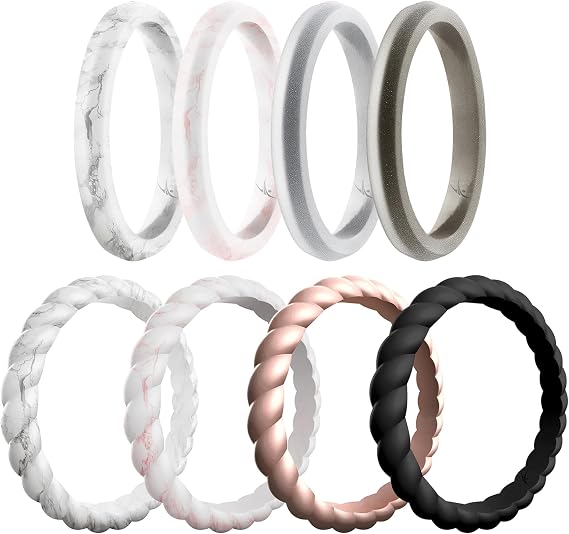 ROQ Womens Silicone Rings - Thin Braided Point Stackable Rubber Silicone Wedding Band & Rubber Engagement Ring for Her - Breathable Comfort Fit Silicone Rings for Him - Bridal & Anniversary Jewelry