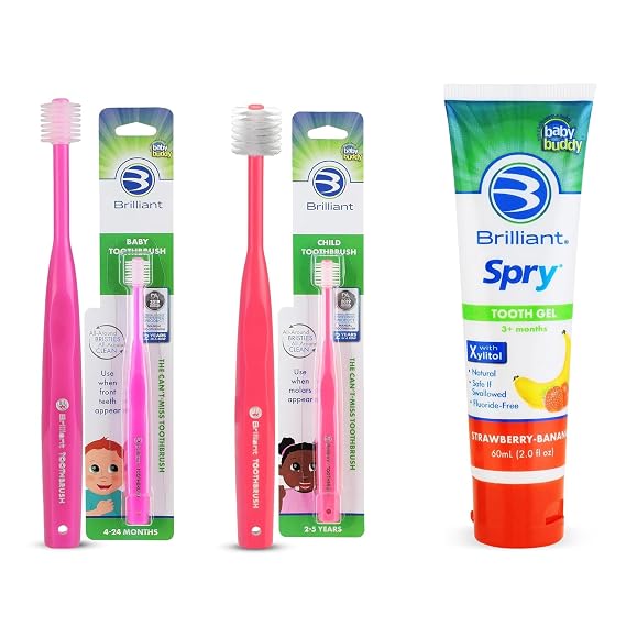 Brilliant Oral Care Bundle; Pack of 1 Baby and Child Toothbrush with Soft Bristles and Round Head - Pink & Pack of 1 Kids Fluoride Free Toothpaste, Spry Gel with Xylitol, Strawberry Banana Flavor
