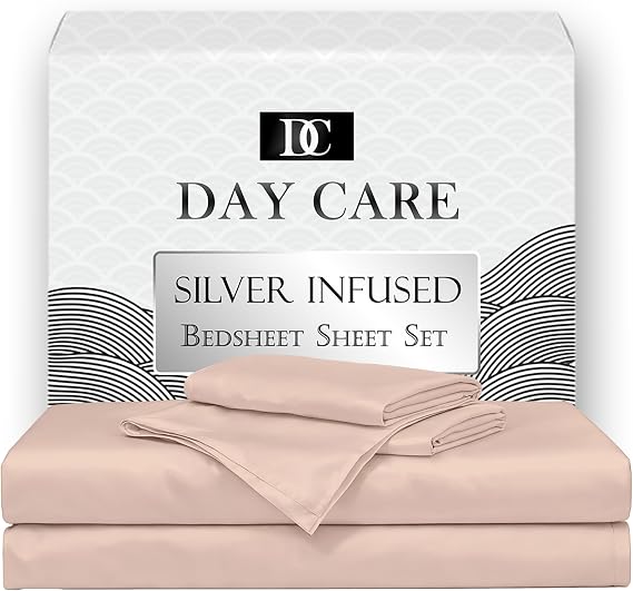 Day Care Silver Infused Bed 6 Pcs. Sheets Set Super Soft Cooling Sheets 16 Inch Deep Pocket - Breathable & Temperature Regulating, Luxury Bedding (Champagne, Queen 60x80)
