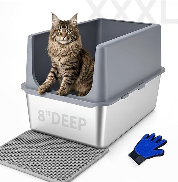 Stainless Steel Litter Box with Lid,Metal Cat Litter Box,23.5x15.5x16in | Cat Litter Pan for Large Cats, Non-Sticky Large Kitty Litter Box Easy to Clean, Anti-Leakage,l