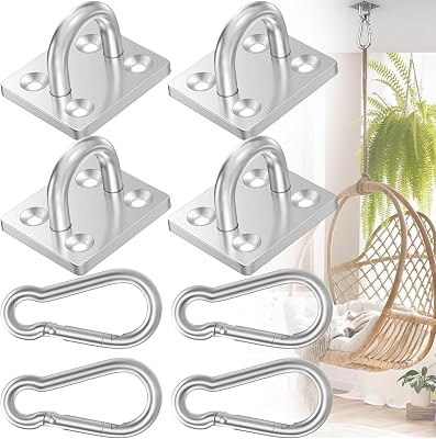 4 Pack M6 Hammock Hanging Hooks, 4PCS Stainless Steel Heavy Duty Pad Eye Hooks, 4PCS Snap Hook for Hammock Hanging Kit, Ceiling Hook Heavy Duty for Indoor & Outdoor