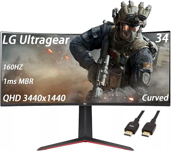 LG Ultragear 34 inch Ultrawide Curved Monitor, WQHD 3440 x 1440, 160HZ, 1ms MBR, 21:9 VA with HDR 10, AMD FreeSync Premium, Maxx Audio, Black Stabilizer, Better Aim, with HDMI