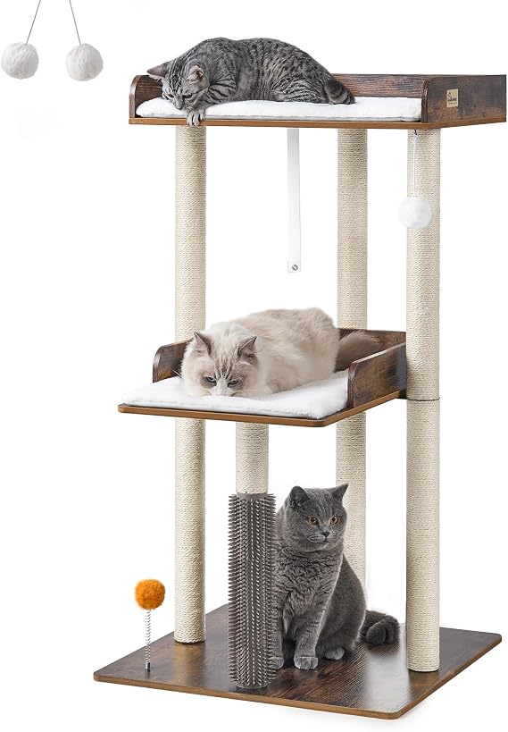 FourFurPets Cat Tree for Large Cats, Wooden Cat Tree Tower with 3 Large Perch and 2 Removable Pads, 1 Self-Groomers, 2 Pompoms, 60 x 60 x 111 cm, for Cats of All Ages, Rustic Brown
