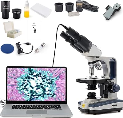 SWIFT SW350B-EC5R-5PBC-SPAE2628 40X-2500X Siedentopf Research-Grade Compound Lab Binocular Microscope with 5MP Camera and Smartphone Adapter and 5 PCS Prepared Slides and 5 PCS Blank Slides