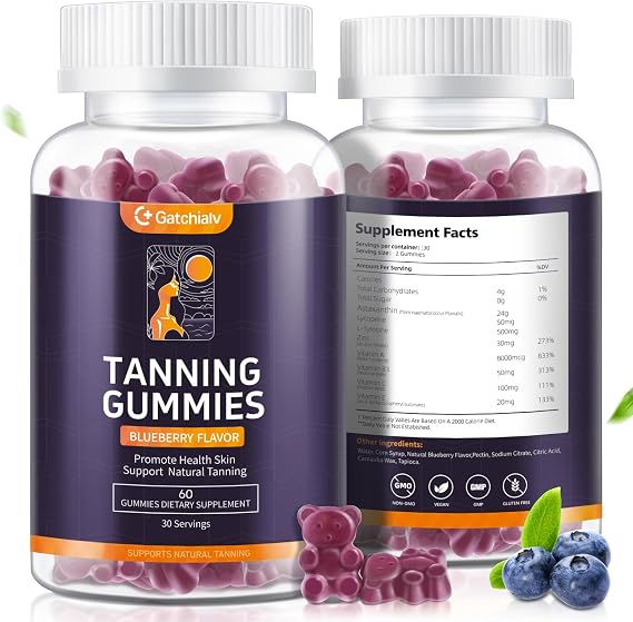 Tanning Gummies - Self Tan Bronzing Supplement that Work Without Sun - No Sugar Vegan with Astaxanthin Lycopene Beta Carotene and Vitamins-60 Count