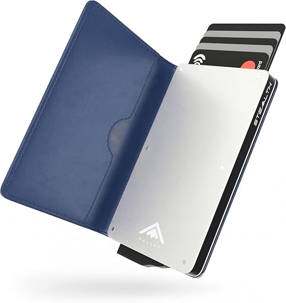Stealth Wallet RFID Card Holder Wallet - Smart Minimalist NFC Blocking Pop Up Wallets with Gift Box - Slim, Compact, Lightweight Metal Credit Cards Holder (Silver Aluminum with Blue Leather)