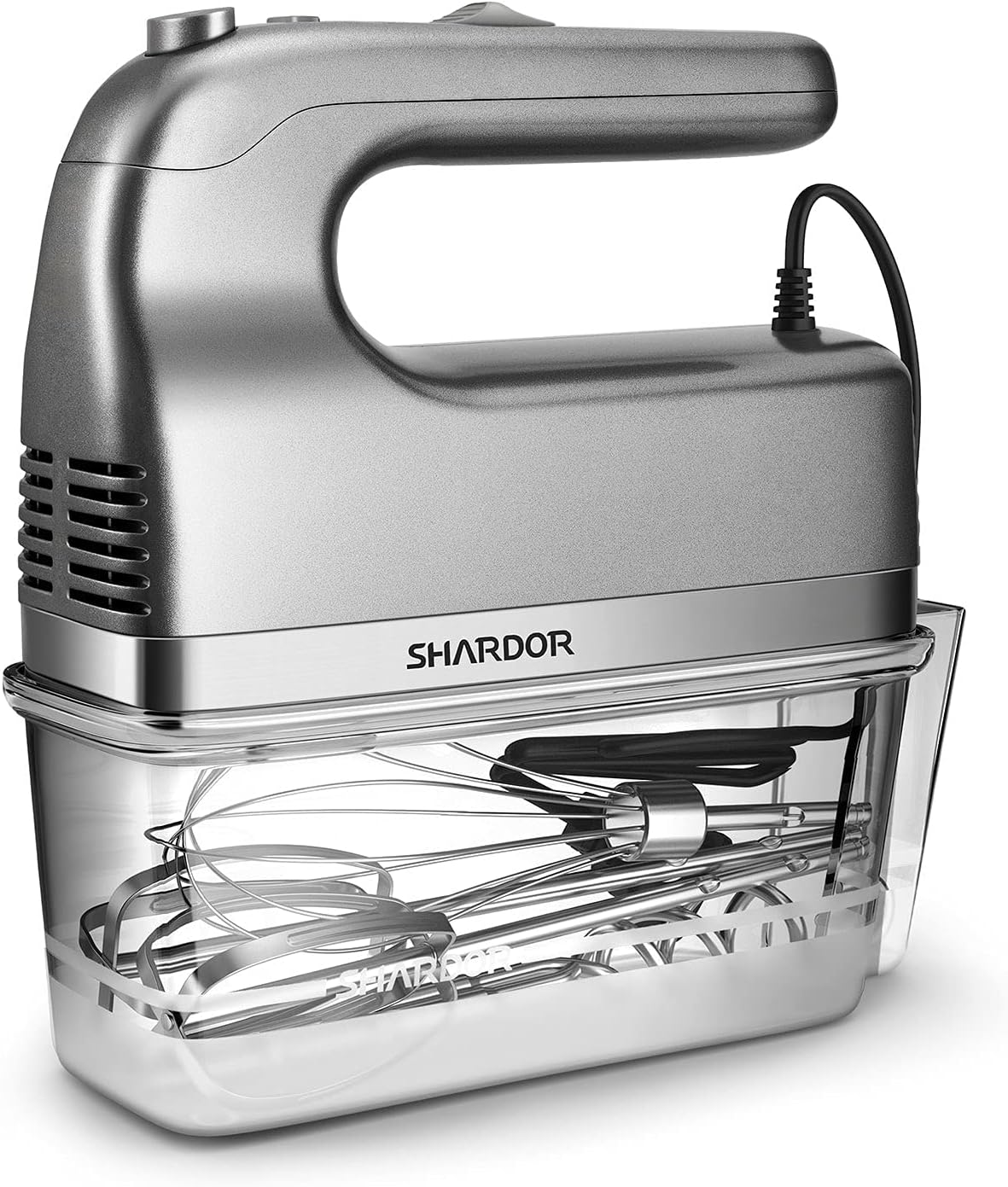 SHARDOR Hand Mixer, 350W Handheld Mixer with Storage Case 5-Speed Plus Turbo Hand Mixer Electric With 5 Stainless Steel Attachments2 Beaters, 2 Dough Hooks and 1 Whisk, Silver