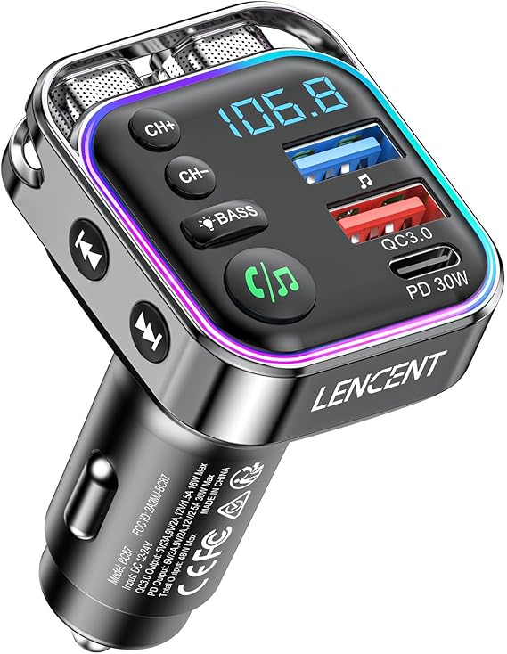 LENCENT Bluetooth 5.3 FM Transmitter Car Adapter 48W (PD30W & QC18W)