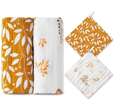 Zainpe 4Pcs Baby Muslin Swaddle Blankets & Washcloth Set Leaves Soft Breathable Swaddling Wrap Nursery Receiving Blankets for Boys Girls Newborn Essential Infant Registry Gifts 47.2” X 47.2”