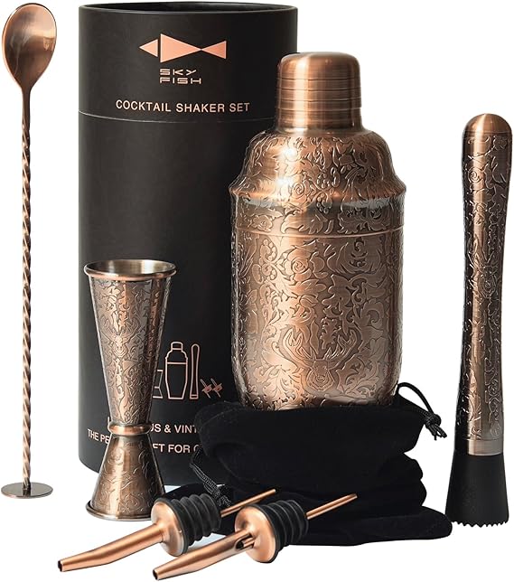 SKY FISH Cocktail Shaker Set | 6 Piece Bartender Kit with 3D Embossed Design | Professional Cocktail Making Set for Cocktail Lover | Antique Copper | Hand Wash.