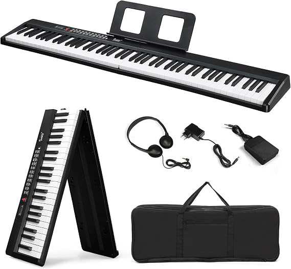 Bonnlo Portable Piano Keyboard 88 Keys Folding Piano Keyboard, Eletric Piano with Dual Bluetooth, Headphones, Piano Bag - Black for Beginner & Creater