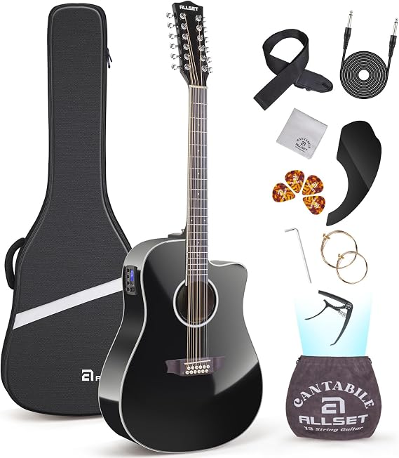 ALLSET 12 String Guitar | Acoustic Electric 12 String |42" Full Size Guitar for Beginner/Adult Fingerstyle | Spruce Top Cutaway | Gig Bag, AUX Strap,Strings,Strap|Gloss Black Finish | A12-BK