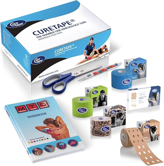 Kinesiology Tape Intro Offer | 4 x Therapeutic Kinesiology Tape | Kinesiology Taping Book | Premium Scissors | CrossPatches by CrossLinq | The Best Medical Tape | CureTape