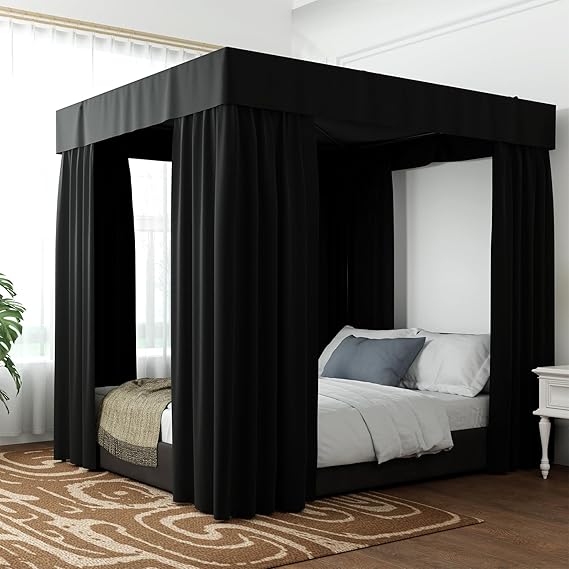 Hvqic Black Canopy Bed - King Bed Curtains Lightproof Drapes for Adults & Girls Bedroom Decoration