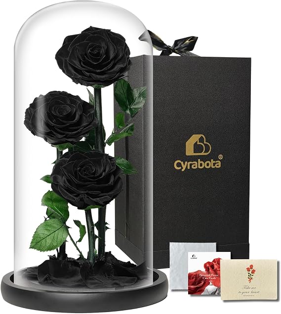 Preserved Roses Black Roses in Glass Dome, 12.3inch Forever Preserved Flowers Gift, Flowers for Delivery, Long Lasting Eternal Flower Rose Gifts for Women Mom Wife Girlfriend Grandma Black