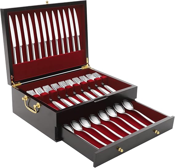 Wooden Silverware Organizer, Silverware Storage Box with Handle and Red Felt Lined, Flatware and Utensil Organizer for Home Kitchen(Flatware Not Included) (Two layers)