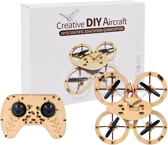 DIY Wooden RC Drone Kit for Beginners, Educational Flying Quadcopter Model, Remote Control Assembly, Creative Building Blocks Aircraft (1pcs)