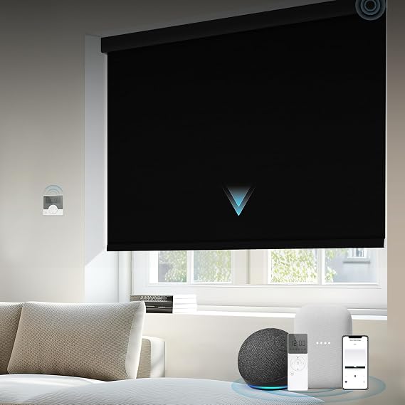 Motorized Blinds Compatible with Alexa Google 100% Blackout Smart Blind Automatic Window Roller Shades Remote Control Custom Size Farbic Black