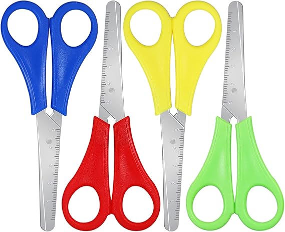 4Pcs Kids Scissors with Rounded Tip, Safety School Scissors with cm Scale Stainless Steel Blades for Children's Art Scrapbooking DIY Craft