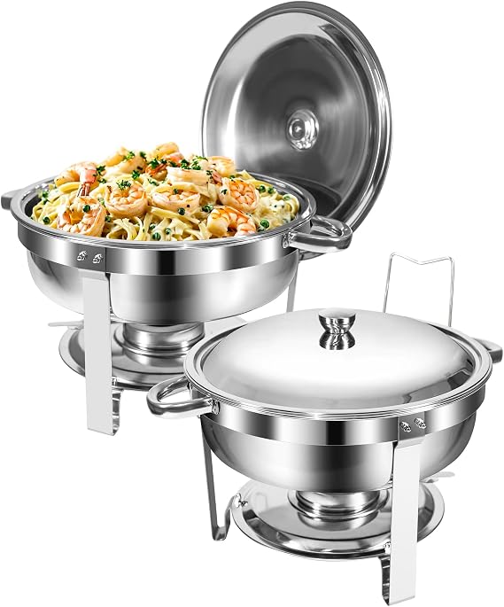 Chafing Dish Buffet Set,5L Food Grade Stainless Steel,2Packs,Silver | Round Chafing Dishes,Rolled Edge Design,Food Warmer with Lid Holder for Catering Buffet and Any Party