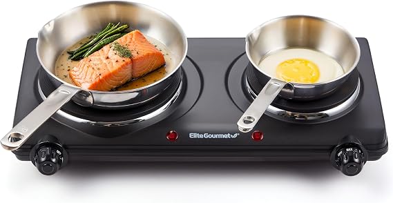 Elite Gourmet Double Cast Iron Burner, 1500W Hot Plate, Adjustable Temp
