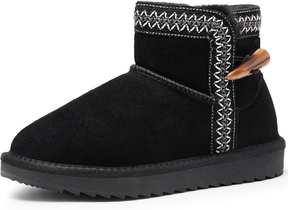 Dodow Womens Genuine Suede Winter Boots Mini Warm Fur Lined Ankle Slip On Snow Booties
