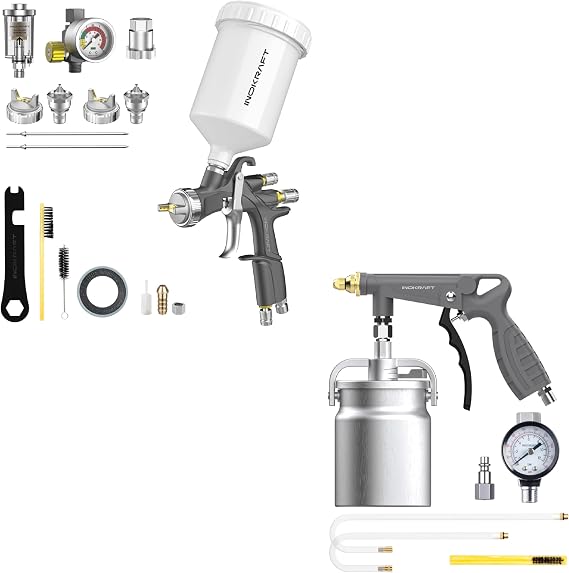 InoKraft D1 LVLP Air Spray Gun Premium Kit + Undercoating Spray Gun with Suction Feed Cup & 360 Straight Spray Hoses