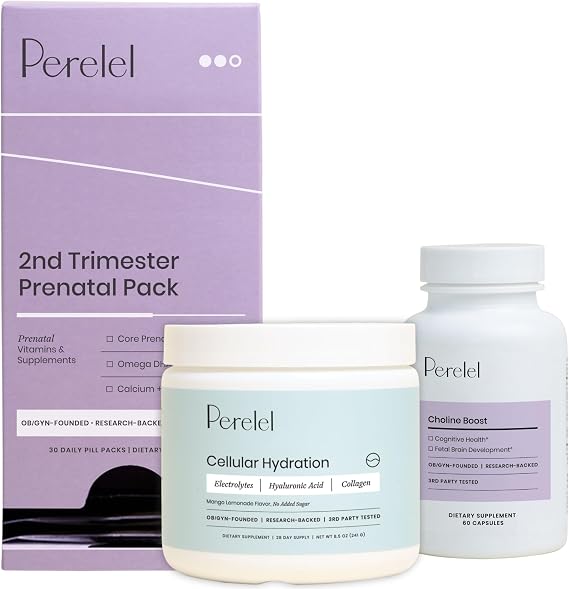 Perelel 2nd Trimester Bundle, 2nd Trimester Prenatal Vitamin Pack, Hydration Powder, Choline Boost