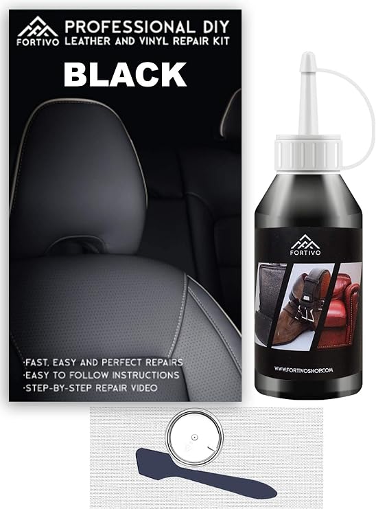FORTIVO Black Leather and Vinyl Repair Kit - Repair and Restore Furniture, Couches, Car Seats, Jackets, Purses, Belts, Shoes, Works on Genuine, Italian, Bonded, PU, Pleather, No Heat Needed