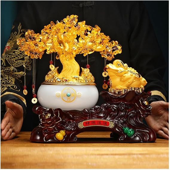 Feng Shui Citrine Feng Shui Money Frog Crystal Tree Decoration, Lucky Toad Decorations, Natural Citrine Gemstone Bonsai, Large Chakra Decoration(Medium)