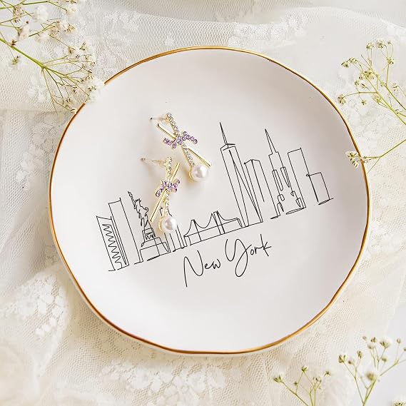 COLLECTIVE HOME - Skyline Jewelry Dish, Ceramic Trinket Dish, Landscape Jewelry Tray, Decorative City View Plate for Rings Earrings Necklaces Bracelet Watch Keys (New York)