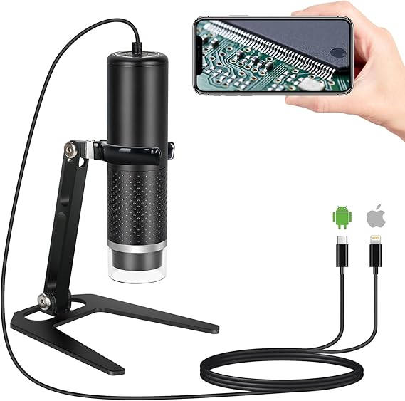 USB Digital Microscope Compatible with iOS and Android Devices, 50x-1600x Magnification, 1920x1440P HD Portable Microscope Camera for Adults, Students