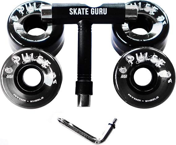 ATOM SKATES Outdoor Quad Roller Wheels 4 Wheels Atom Pulse Lite 62x33 Black Bundle with Tool, Pulse Lite 62 x 33