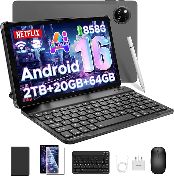 TAB A9+ Android 16 Tablet with Keyboard, 11 Inch Tablet with Gemini AI, 8580mAh & T7200 Octa Core Android Tablets, 20GB+64GB/2TB, 13MP+5MP, Widevine L1|Face ID|BT|5G WiFi|GPS|FM|OTG, Gray