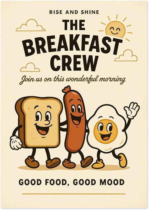 The Breakfast Crew Kitchen Wall Art, Modern Food Poster, Cartoon Mascot Prints, Kitchen Typographic Home Decor, A4 (Print Only) - 29.7x21cm