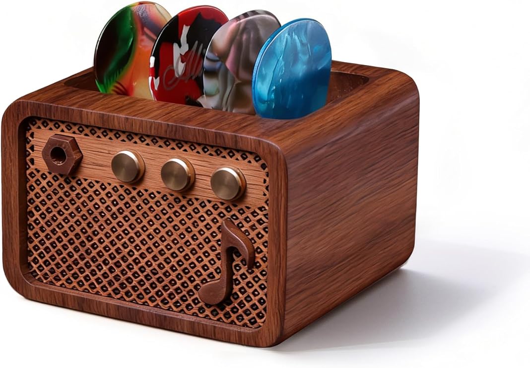 CoolGift Mart Gitarrenzubehör Walnuss Holz E-Gitarre Amp geformt Gitarre Plektrumhalter Geschenk für Gitarrenspieler Gitarristen für Picks Lagerung und Anzeige