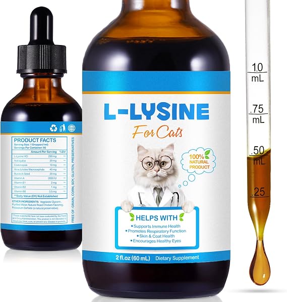 L-Lysine for Cats 60mL – Supports Immune Health, Improves Respiratory Function, Helps with Sneezing, Runny Nose & Eye Health – All-Natural Feline Drops with Roast Chicken Flavor