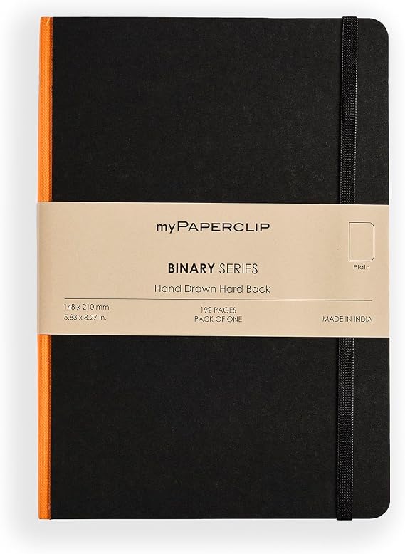 myPAPERCLIP Binary Series Notebook, Section Thread Bound, Hand Drawn Hard Cover, A5 (148 x 210 mm, 5.83 x 8.27 in.) Plain, BSH192A5-P Black Hard Cover, Orange Spine