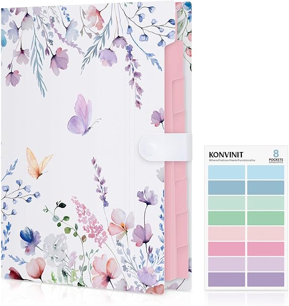 KONVINIT Document Folder A4 Expanding Folder A4 Document Bag with 8 Compartments Folder with Compartments Folder Folders Document Folder Made of Plastic Robust and Waterproof Folder with Motif Pink