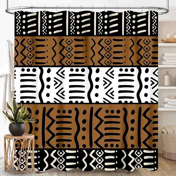 African Mudcloth Shower Curtain for Bathroom, oho Modern Abstract Geometric Print Tribal Africa Ethnic Pattern Bohemian Brown Waterproof Fabric Shower Curtain Set with Hooks, 72"x72" Inch