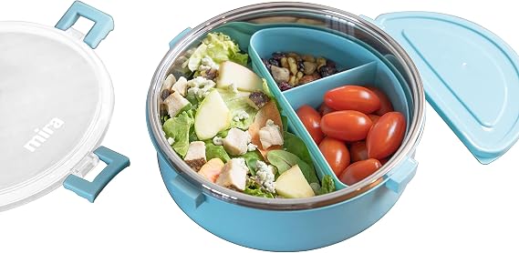 MIRA Stainless Steel Round Lunch Container with Bento Box Insert - BPA Free, Reusable Lunch Box, 5 Cups, Frost