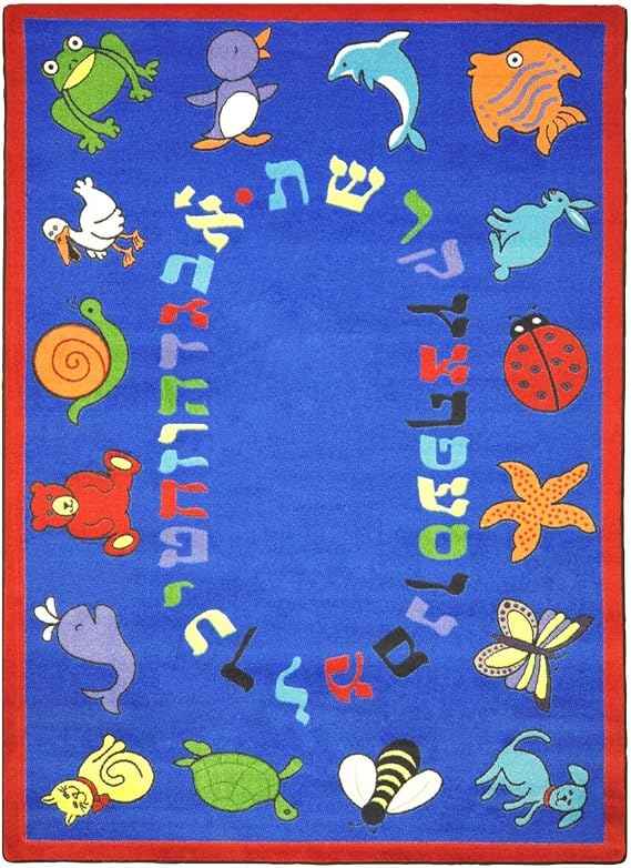 Joy Carpets Kid Essentials Hebrew ABC Animals Rug, Blue, 7'8" x 10'9"