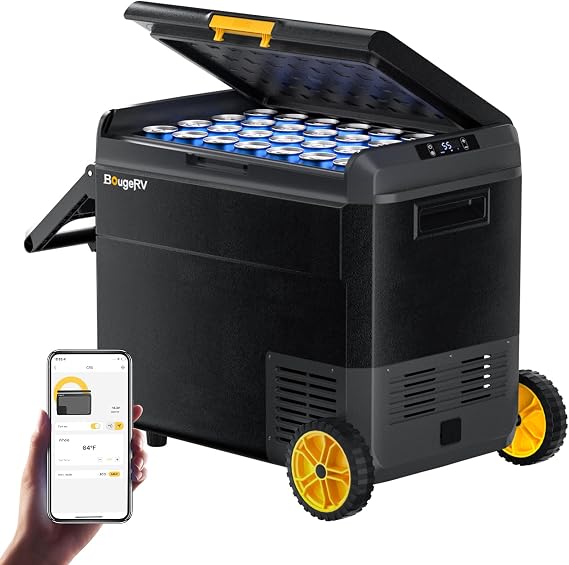 BougeRV 12 Volt Car Refrigerator, CRS 63 Quart Portable Fridge Freezer with APP Control,4F to 68F Compressor Electric Cooler with Wheels 12/24V DC 110~240 Volt AC for Truck Van RV Camping Road Trip