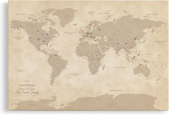 Vintage Canvas Travel Pin Map of the World Antique Style World Map with Pins Personalized Framed Wall Art Gallery Wrap 30" x 45"