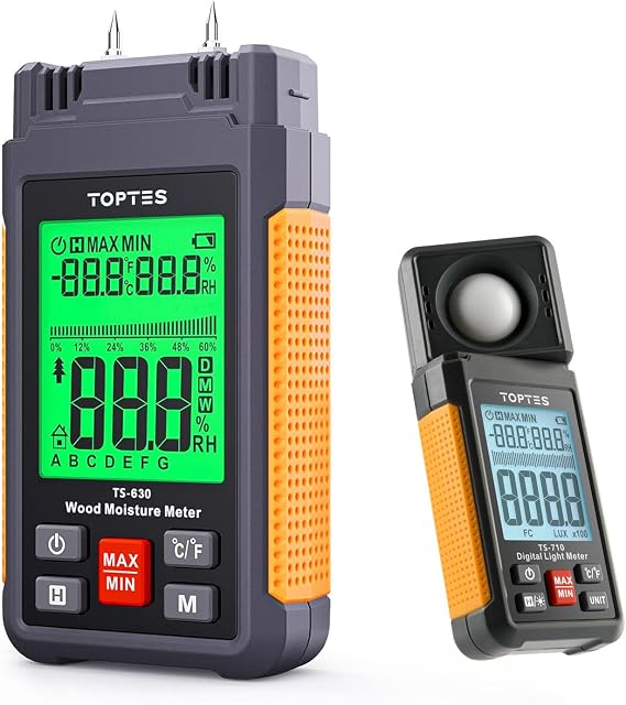 TopTes TS-630 Moisture Meter & TS-710 Light Meter Reliable Environmental Monitoring Kit for Measuring Wood/Drywall Moisture and Light Intensity in Homes, Offices, Farms, and Workshops