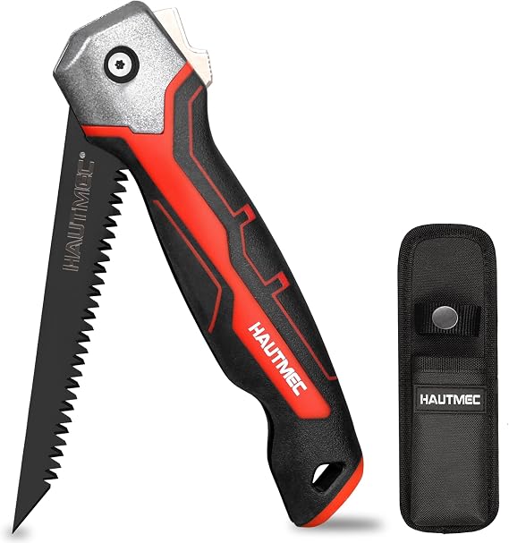 HAUTMEC Folding Drywall Saw with Holster, 7TPI Triple-Ground Keyhole Jab Saw with High-Carbon Steel Blade, Black Rust-Resistant Coating & Non-Slip Rubber Grip, for Drywall, Plywood & PVC HT0415