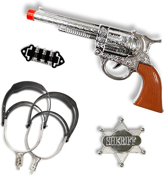 Western Cowboy Toy Gun Kids Role Playing Set, Includes Toy Gun, Badge, Bullets, Spurs,Suitable for Role-Playing, Pretend Play, Cowboy Theme Party Costume Accessories, Stage Performance Props.