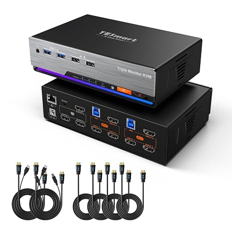 TESmart HDMI KVM Switch 2 Computers 3 Monitors 4K @ 60Hz USB 3.0 KVM Switch Triple Monitors 2 PCs EDID Emulator 1G Ethernet Hotkey Switch Audio & Microphone for Gaming & Home Office IR 6 x Cables