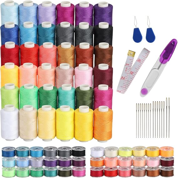 Blibly 72Pcs Bobbins Sewing Thread Kits, 500 Yards Per Polyester Thread Spools with Needle, Threader, Scissors and Ruler, Prewound Bobbin with Case for Hand and Sewing Machine,36 Colors