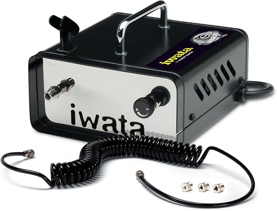 Iwata Ninja Jet Airbrush Compressor 110-120V Quiet Compact Mini Air Compressor with Hose & Adaptors Maintenance-Free, Adjustable Pressure For Hobbyists, Artists, Cake & Model Painting